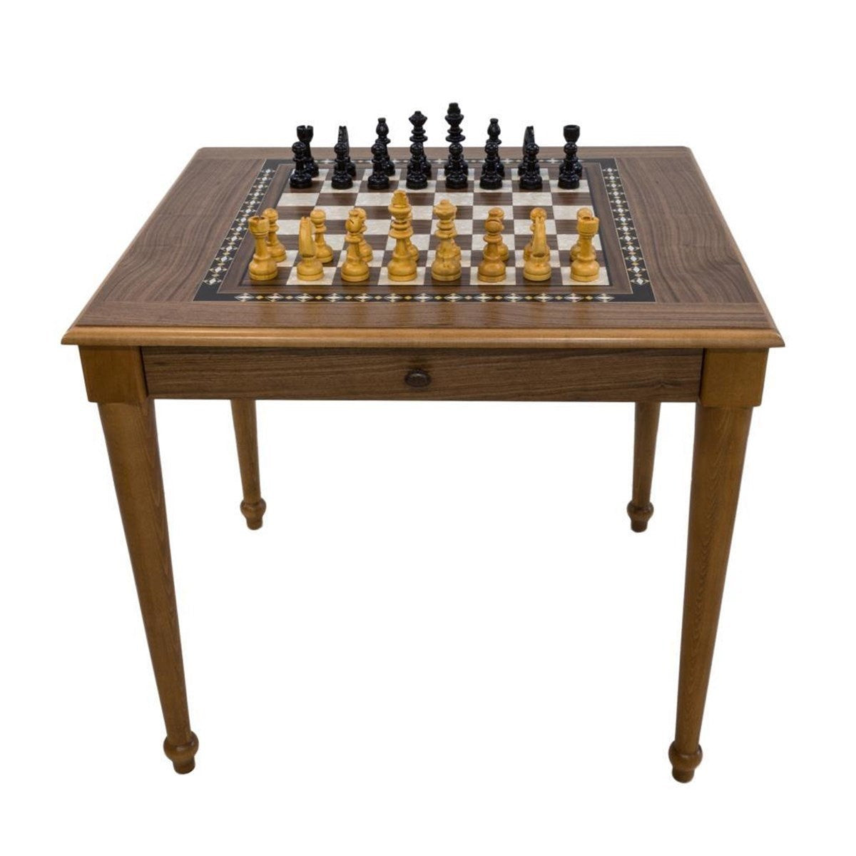 AHŞAP FİGÜRLÜ SATRANÇ MASASI ÇEKMECELİ (70X80X72 cm)