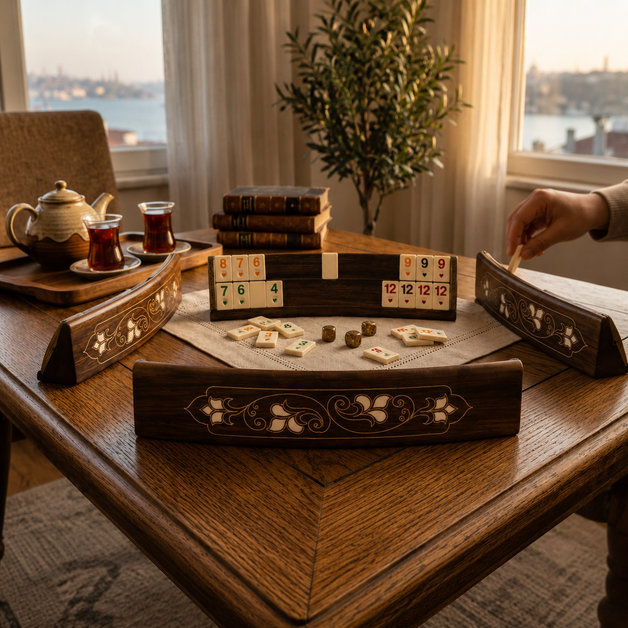 Sedef ve Bakır Kakmalı Oval Oymalı Okey Takımı